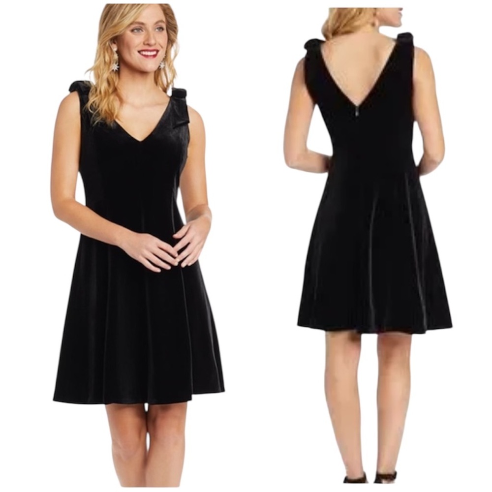 Draper James Black Velvet Sleeveless Bow Shoulder V-Neck Party Dress 8
